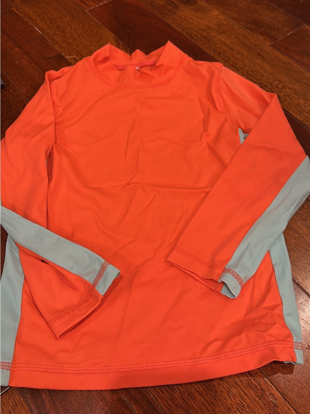 Mini Boden Bright Orange Long Sleeve Rash Guard with Aqua Panels Sz 6/7Y